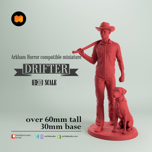 Image shows a 3D render of a 1920s era drifter & dog gaming miniature.
