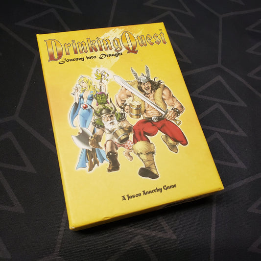 Image shows the front cover of the box for the Drinking Quest: Journey into Draught card game