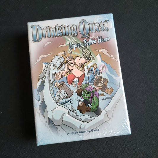 Image shows the front cover of the box of the Drinking Quest: Liquor Before Honor card game