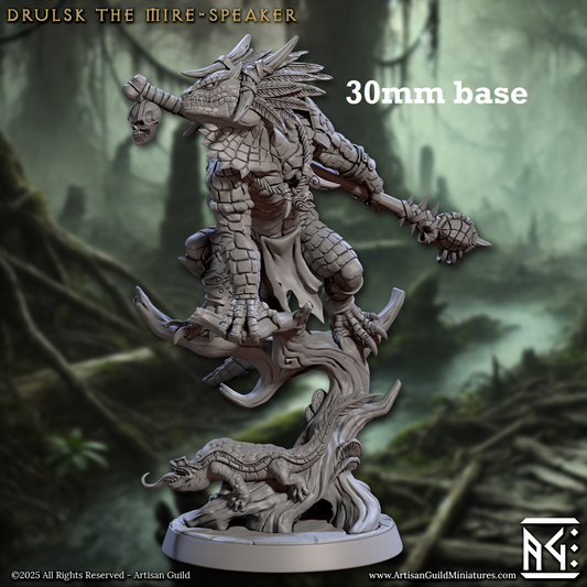 Image shows a 3D render of a lizardfolk druid gaming miniature.