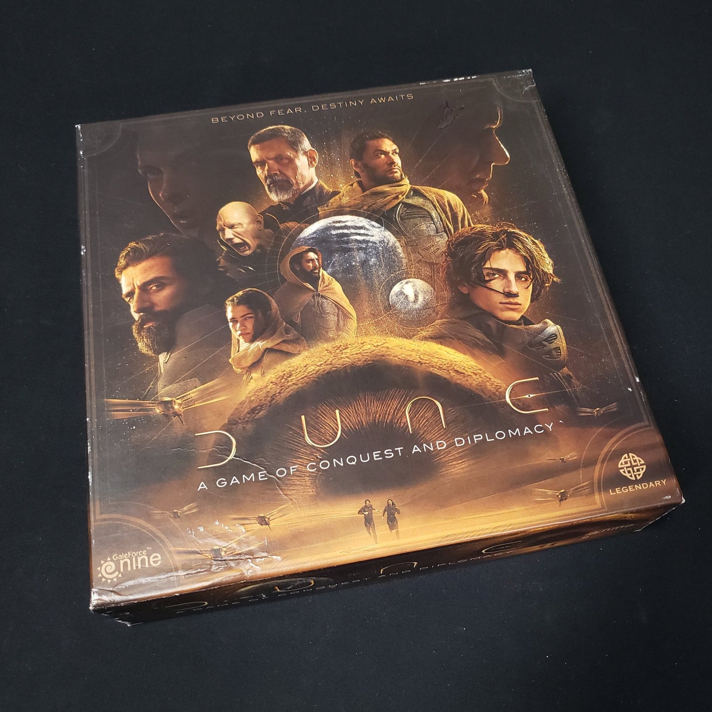 Image shows the front cover of the box of the movie-themed printing of the Dune board game