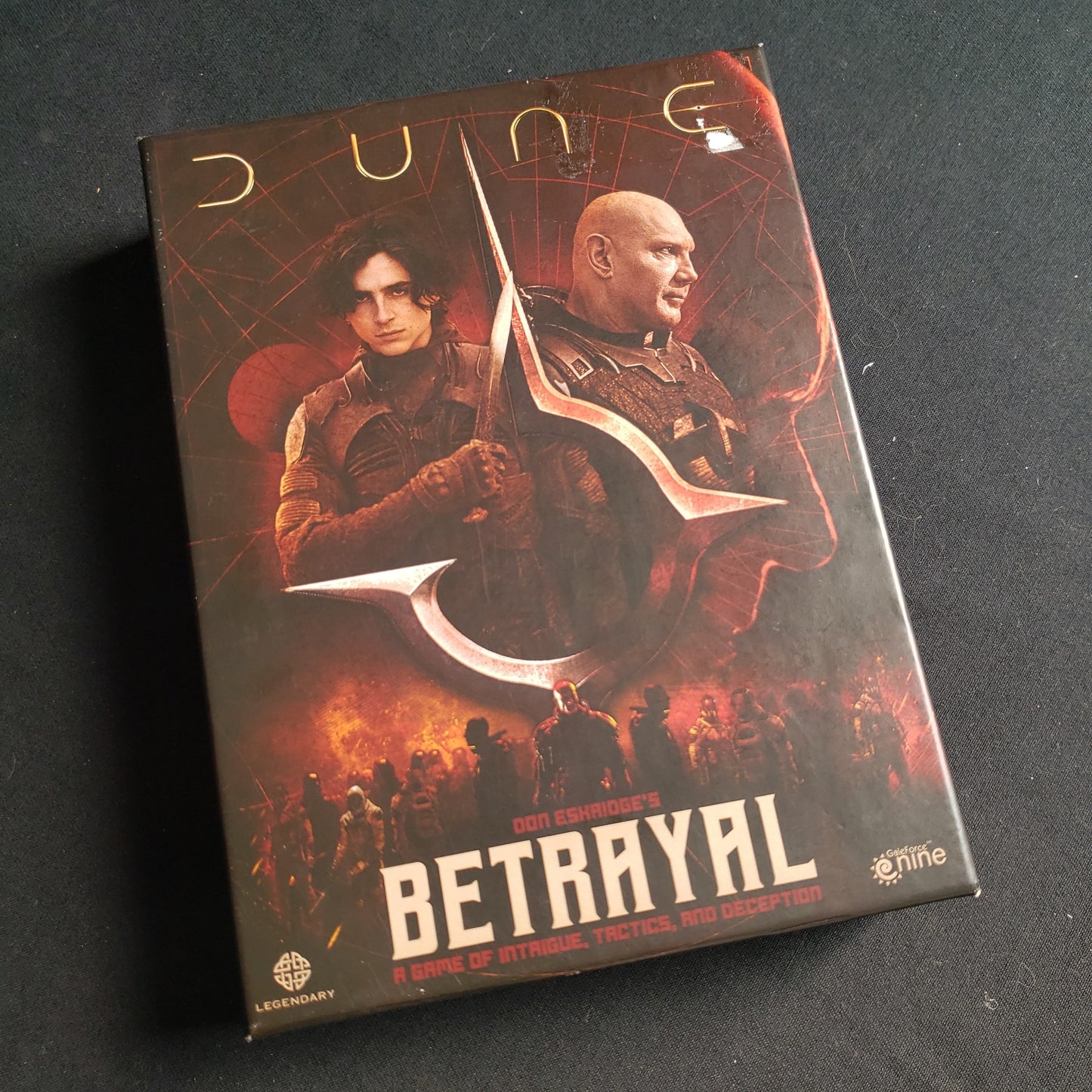 Image shows the front cover of the box of the Dune: Betrayal card game