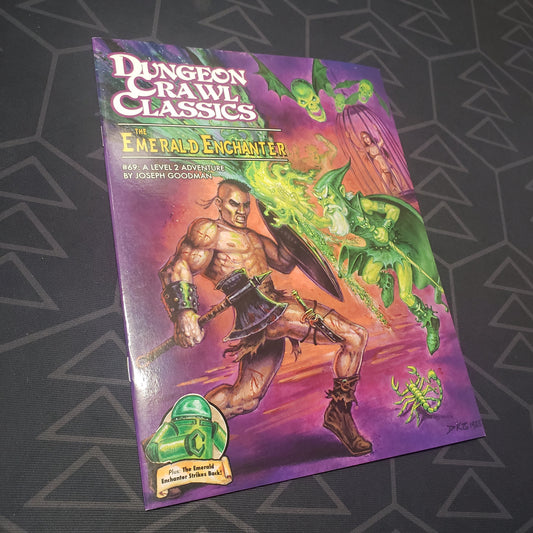 Image shows the front cover of the Emerald Enchanter book for the roleplaying game Dungeon Crawl Classics