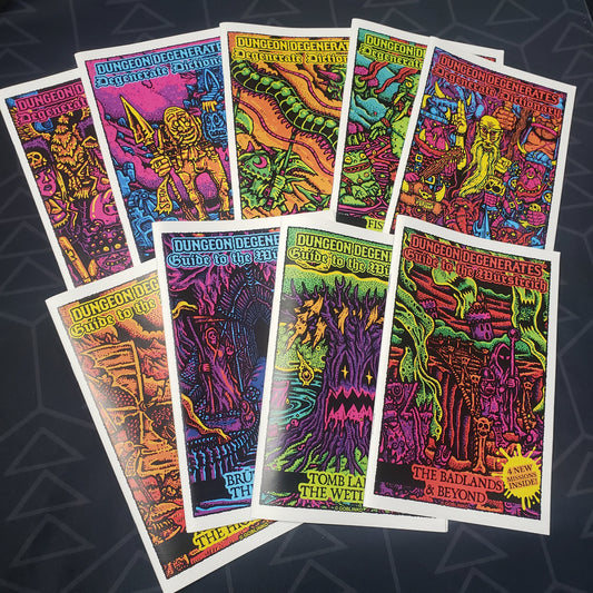 Image shows the front cover of the nine zines that make up the Lore Book Bundle for the board game Dungeon Degenerates