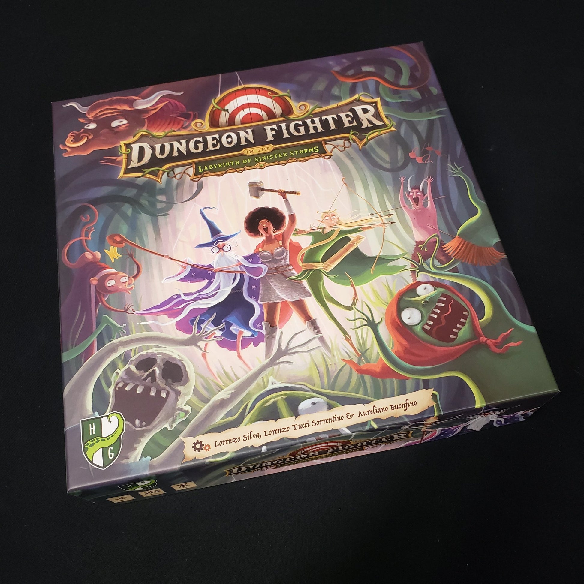 Image shows the front cover of the box of the board game Dungeon Fighter: In the Labyrinth of Sinister Storms
