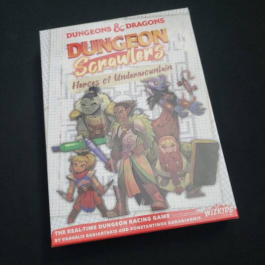 Image shows the front cover of the box of the Dungeon Scrawlers: Heroes of UNdermountain board game