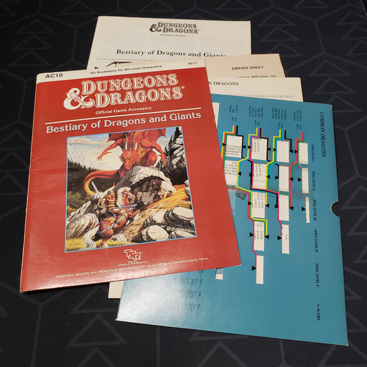 Image shows the front cover of the folio for the Bestiary of Dragons & Giants accessory for the roleplaying game Dungeons & Dragons: First Edition, with the booklet and spell generator inserts fanned out