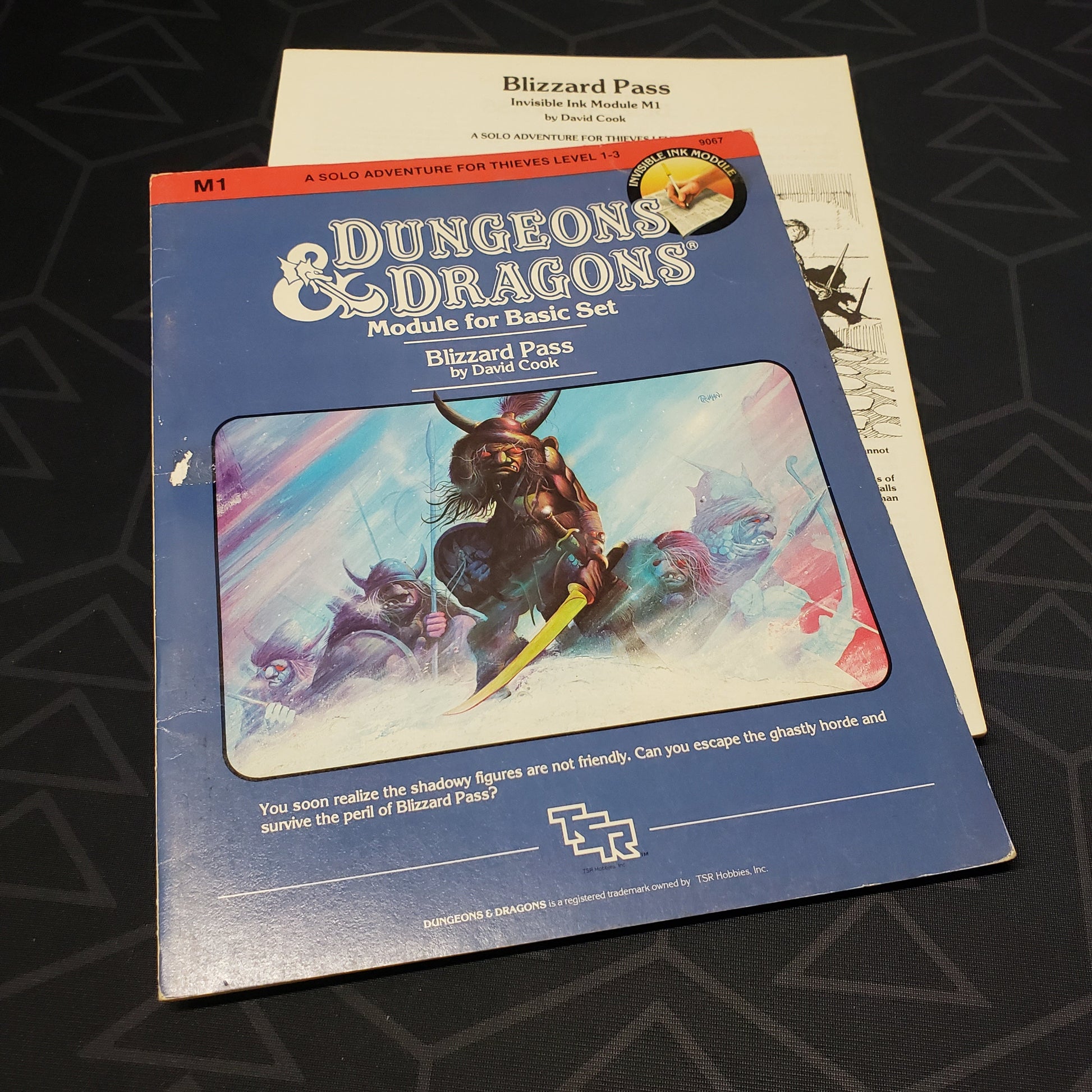 Image shows the front cover of the folio for the Blizzard Pass adventure module for the roleplaying game Dungeons & Dragons: First Edition, with the booklet fanned out