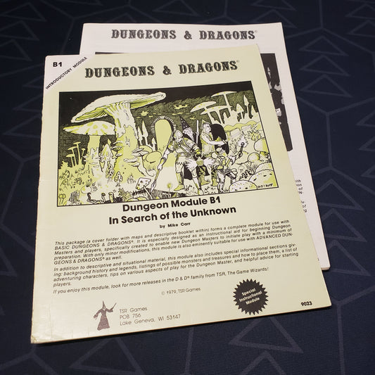 Image shows the front cover of the folio for the In Search of the Unknown adventure module for the roleplaying game Dungeons & Dragons: First Edition, with the booklet fanned out