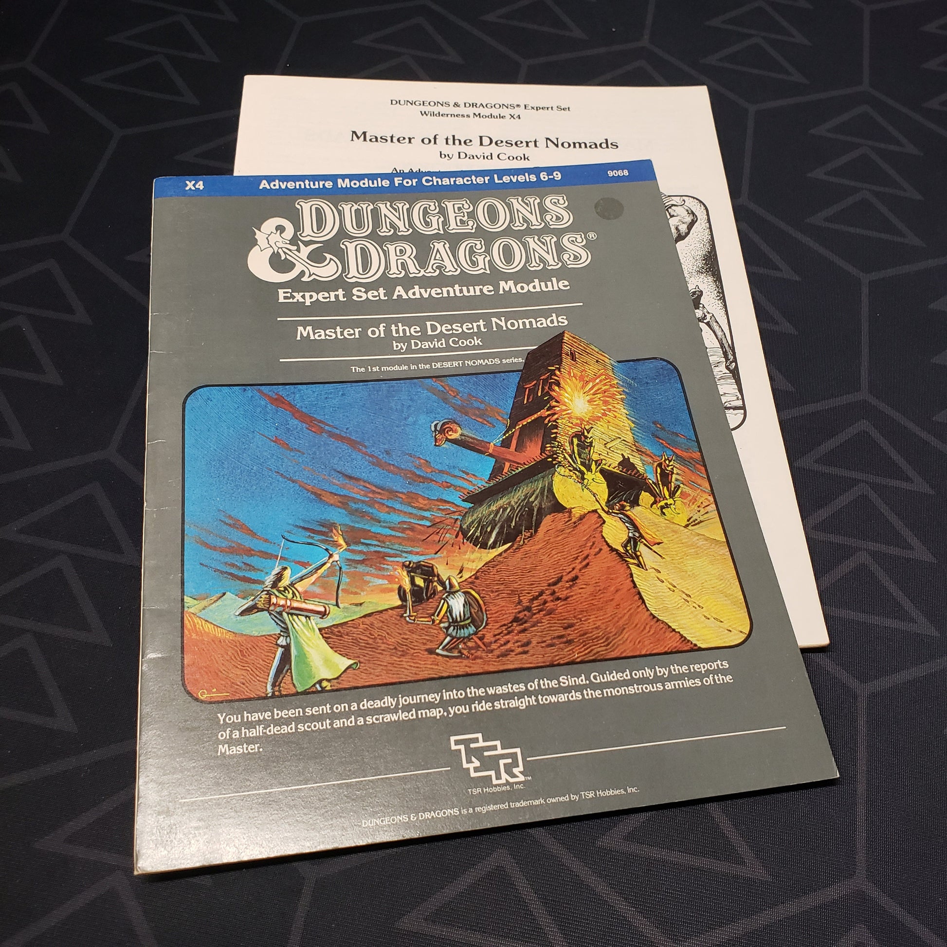Image shows the front cover of the folio for the Master of the Desert Nomads adventure module for the roleplaying game Dungeons & Dragons: First Edition, with the booklet fanned out