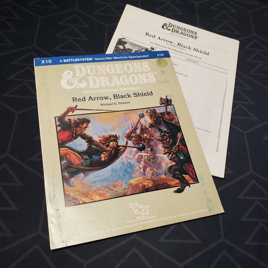 Image shows the front cover of the folio for the Red Arrow, Black Shield adventure module for the roleplaying game Dungeons & Dragons 1E with the booklet fanned out
