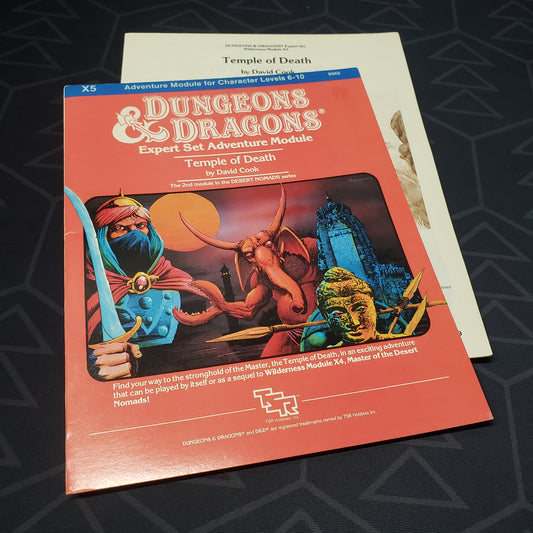 Image shows the front cover of the folio for the Temple of Death adventure module for the roleplaying game Dungeons & Dragons: First Edition, with the booklet fanned out