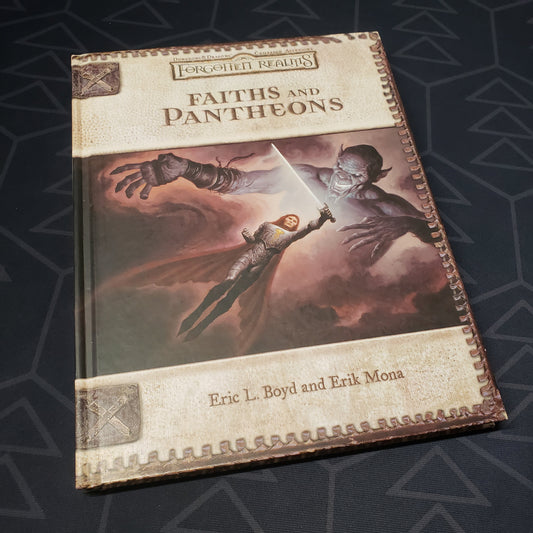 Image shows the front cover of the Forgotten Realms: Faiths and Pantheons book for the roleplaying game Dungeons & Dragons: Third Edition