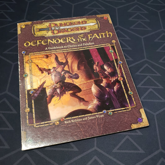 Image shows the front cover of the Defenders of the Faith book for the roleplaying game Dungeons & Dragons: Third Edition