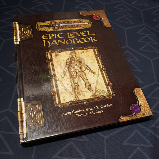 Image shows the front cover of the Epic Level Handbook for the roleplaying game Dungeons & Dragons: Third Edition