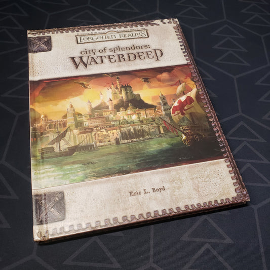 Image shows the front cover of the Forgotten Realms: Waterdeep, City of Splendors book for the roleplaying game Dungeons & Dragons: Third Edition