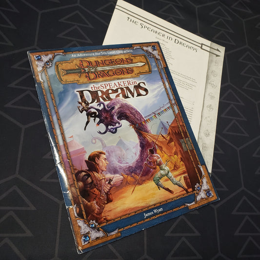 Image shows the front cover of the folio for the Speaker in Dreams adventure module for the roleplaying game Dungeons & Dragons 3E with the booklet fanned out