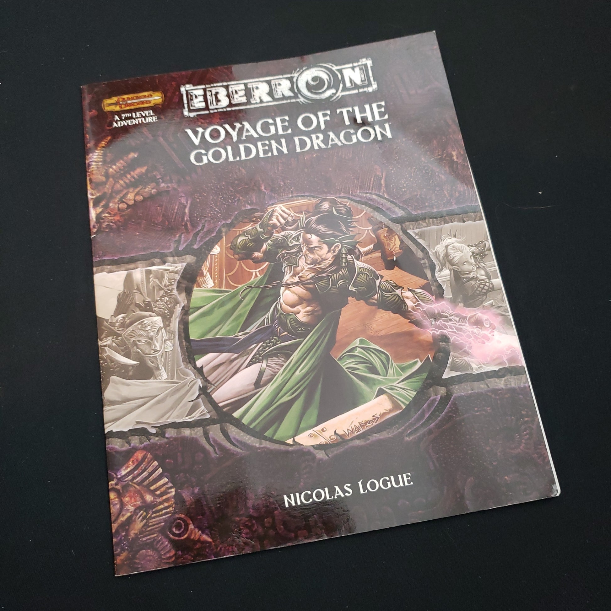 Image shows the front cover of the Eberron: Voyage of the Golden Dragon book for the Dungeons & Dragon 3E roleplaying game