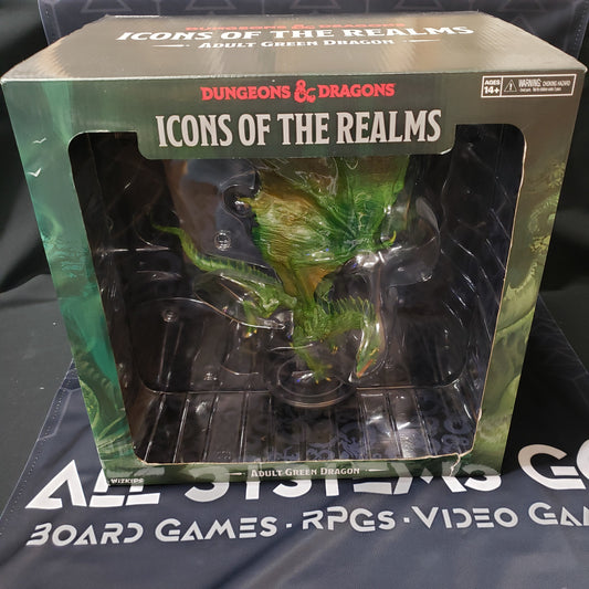 Image shows the front cover of the Icons of the Realms: Adult Green Dragon miniature box for the roleplaying game Dungeons & Dragons
