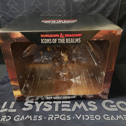 Image shows the front cover of the Icons of the Realms: Red Ghost Dragon miniature box for the roleplaying game Dungeons & Dragons