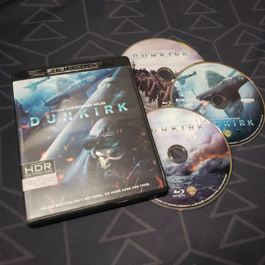 Image shows the case & three discs for the movie Dunkirk on 4K UHD & Blu-Ray