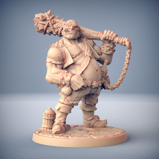 Image shows an 3D render of a half-ogre gaming miniature holding a spiked club on his shoulder