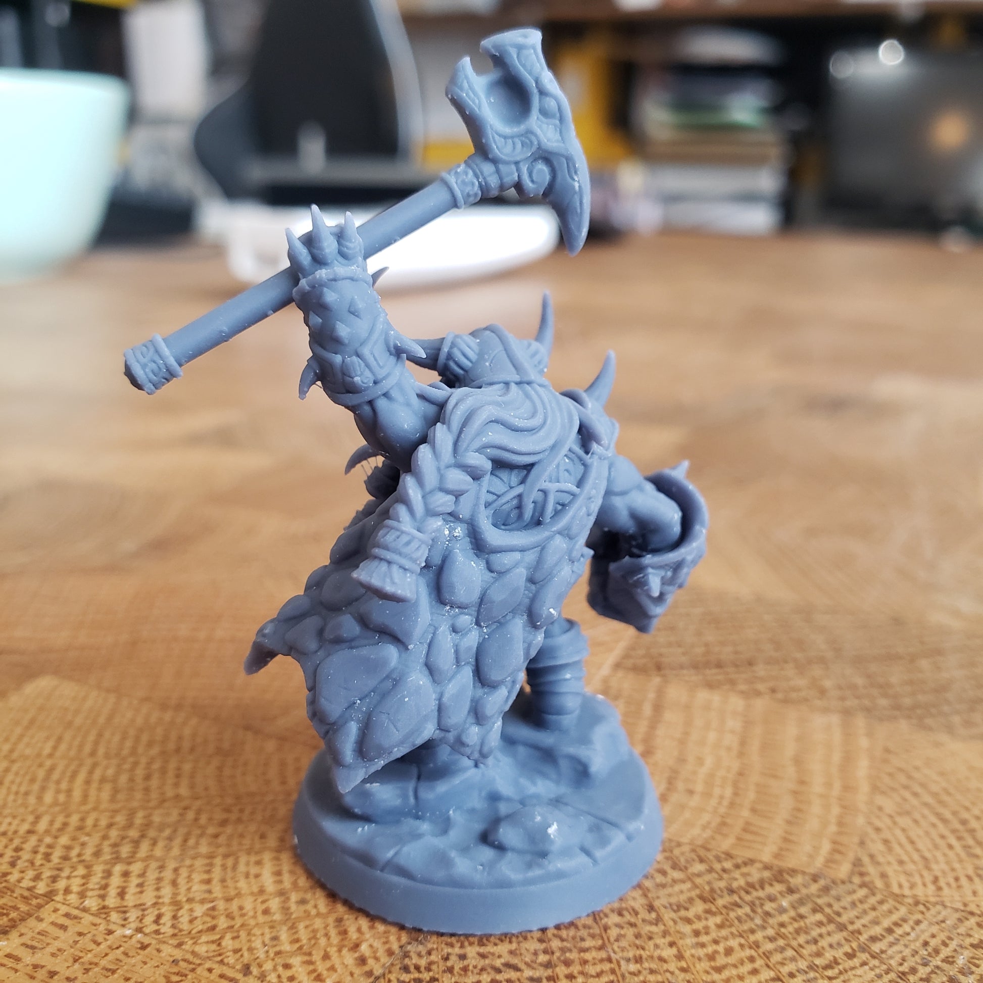 Image shows an example of a 3D printed dwarf berserker miniature printed in-house at All Systems Go