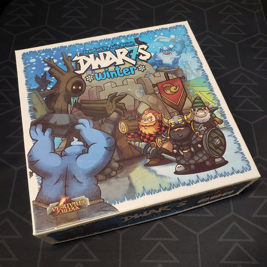 Image shows the front cover of the box of the Dwar7s Winter board game