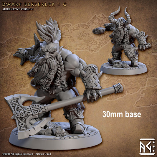 Image shows a 3D render of two options for a dwarf berserker gaming miniature, one holding a large axe with a mohawk and one holding two hammers wearing a helmet