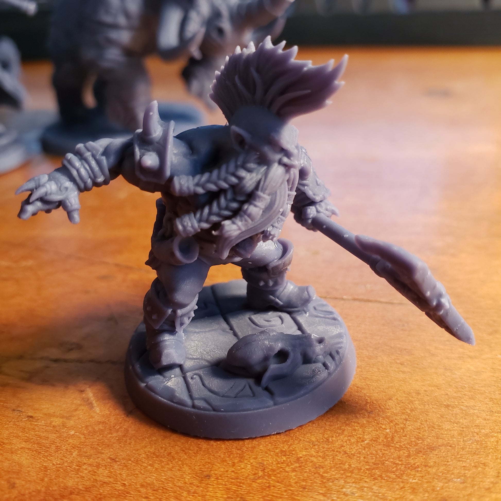 Image shows an example of a 3D printed dwarf berserker miniature printed in-house at All Systems Go