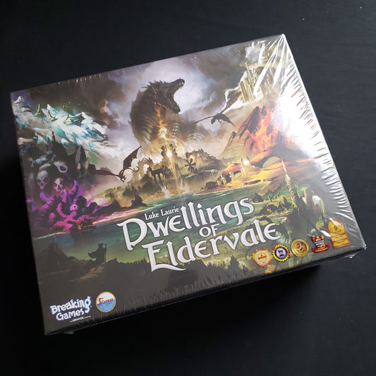 Image shows the front cover of the box of the Dwellings of Eldervale board game