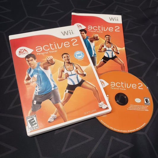 Image shows the case, manual and disc for the video game EA Sports Active 2 for Nintendo Wii
