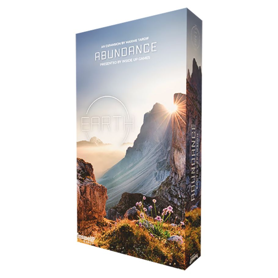 Image shows the front cover of the box of the Abundance expansion for the board game Earth