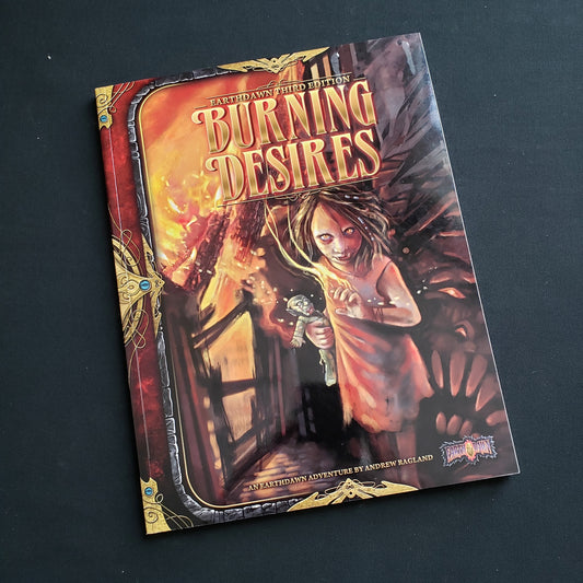 Image shows the front cover of the Burning Desires book for the Earthdawn roleplaying game