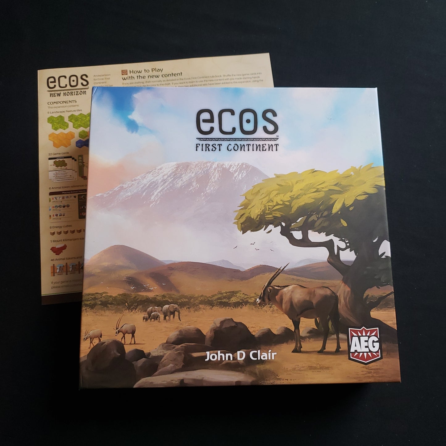 Image shows the front cover of the box of the Ecos: First Continent board game, sitting on top of the instructions for the New Horizon expansion