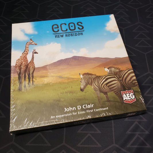 Image shows the front cover of the box of the New Horizon expansion for the board game Ecos: First Continent