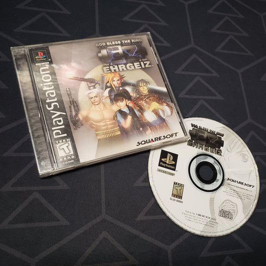 Image shows the jewel case with manual and disc for the video game Ehrgeiz: God Bless the Ring for Playstation 1
