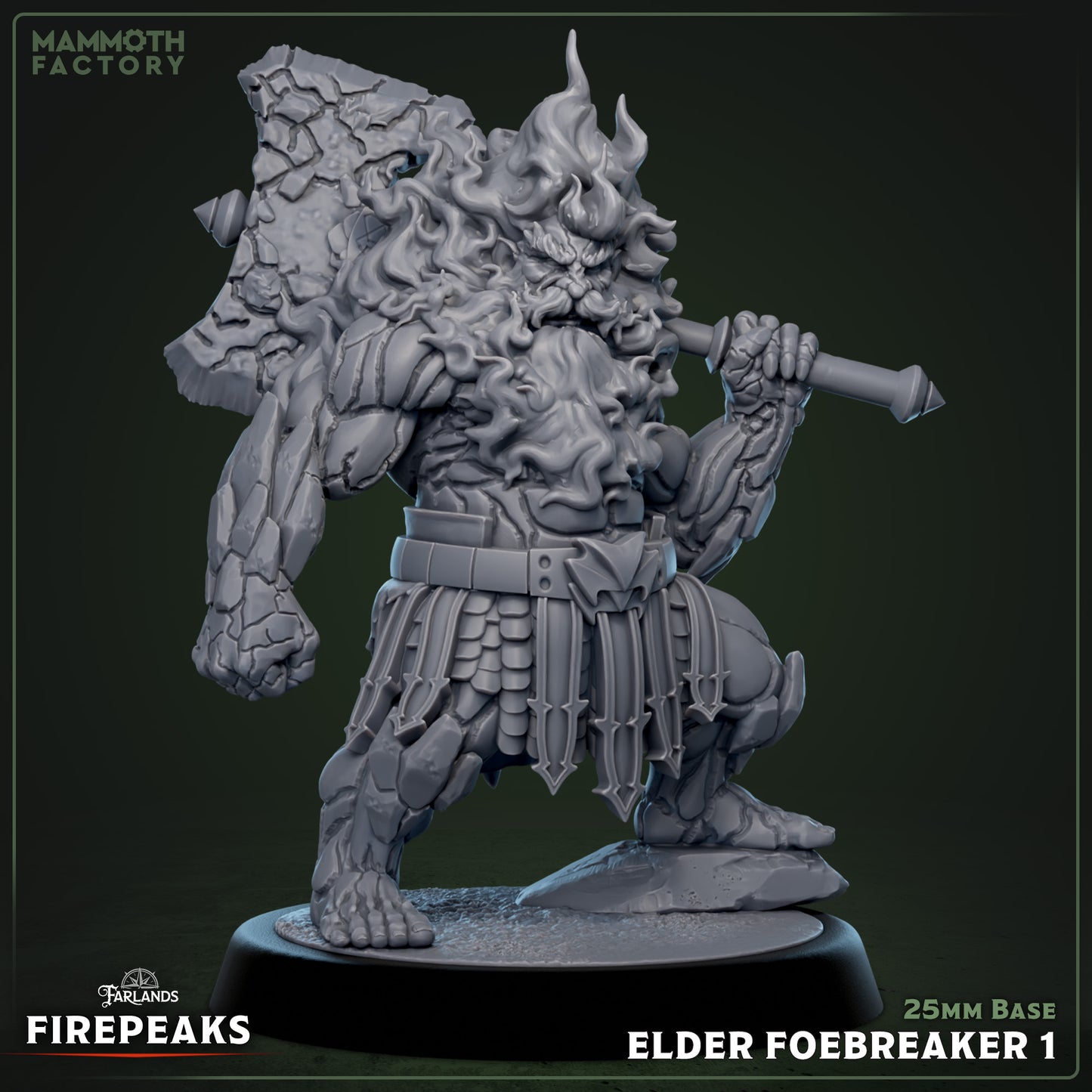 Image shows a 3D render of a fire dwarf barbarian gaming miniature.