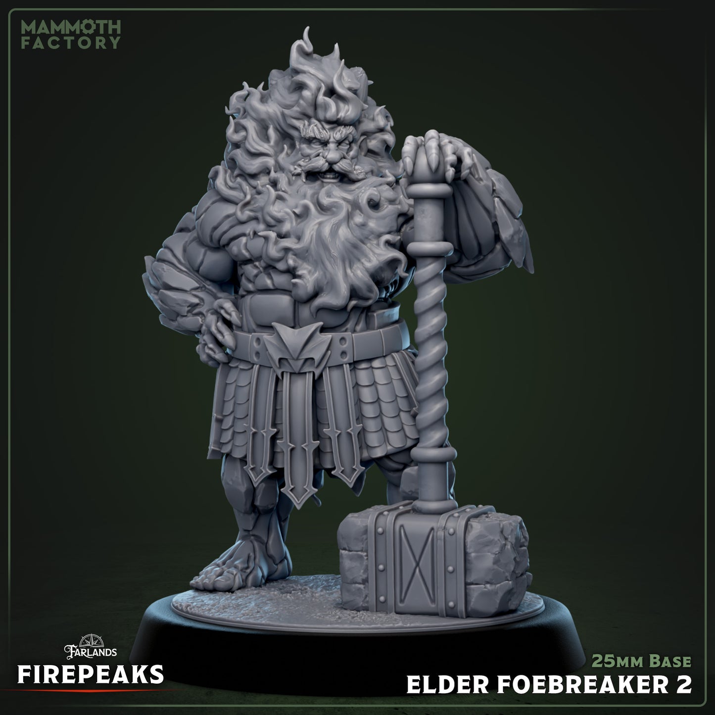 Image shows a 3D render of a fire dwarf barbarian gaming miniature.