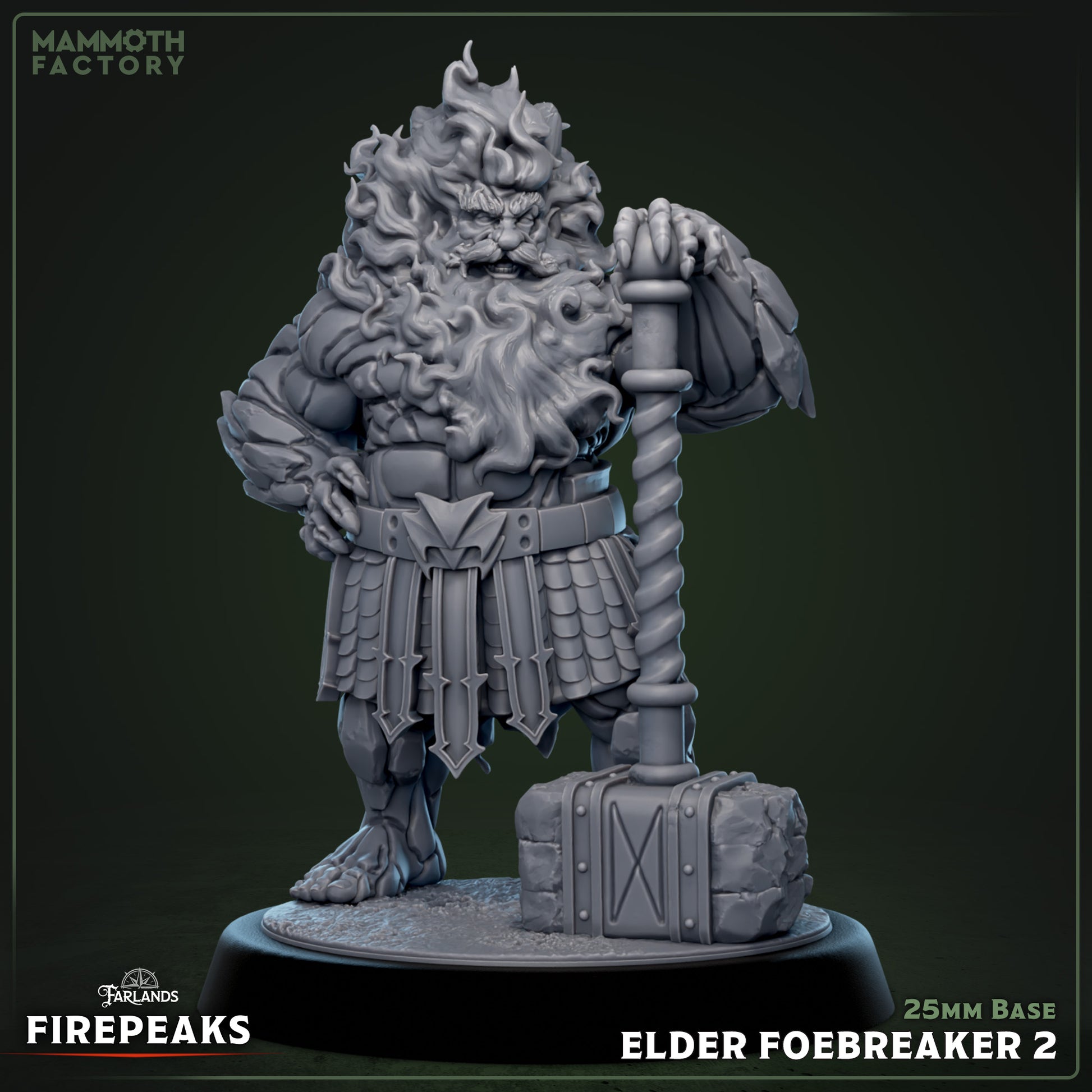 Image shows a 3D render of a fire dwarf barbarian gaming miniature.