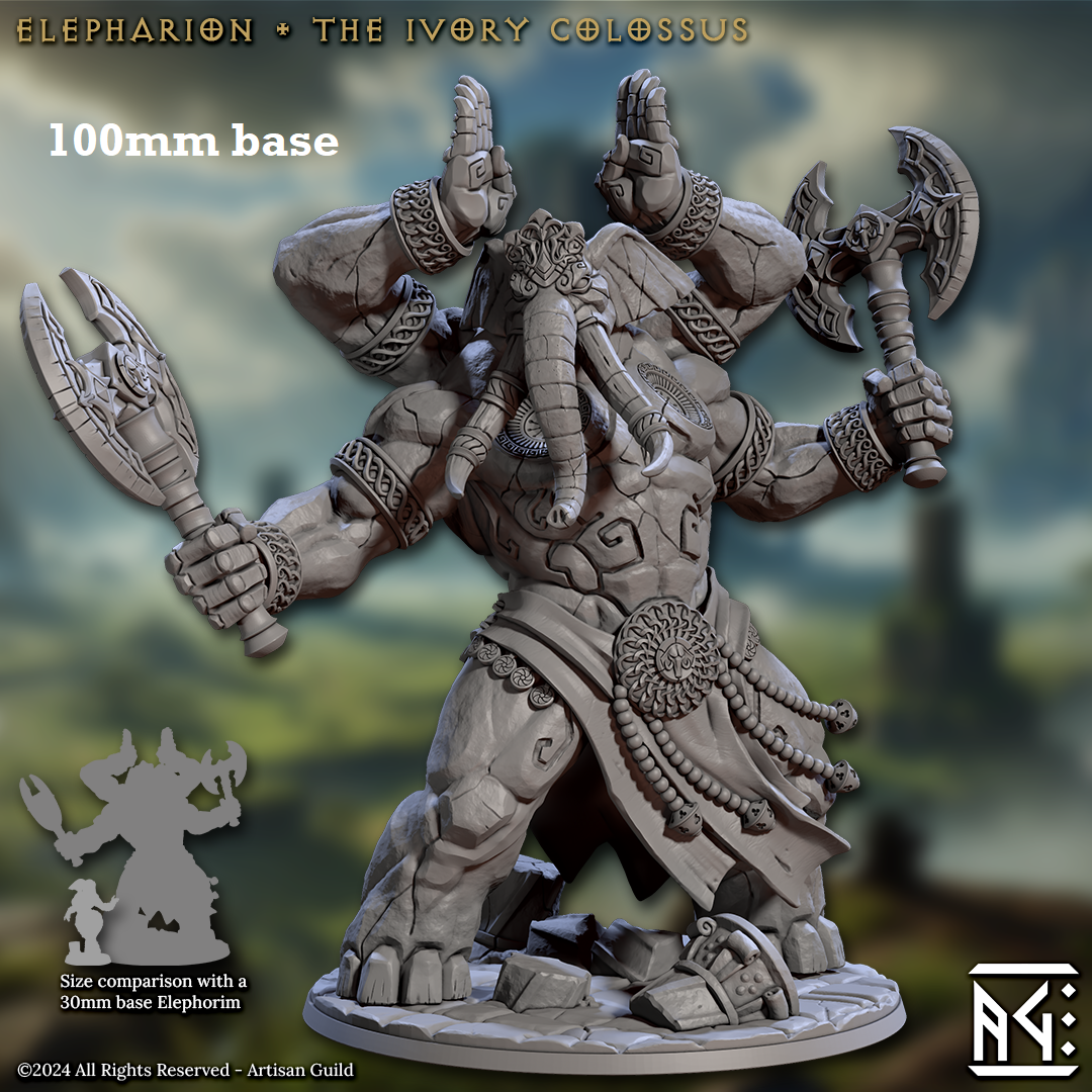 Image shows a 3D render of a four-armed loxodon god gaming miniature