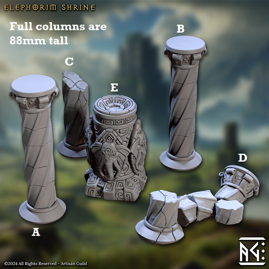 Image shows a 3D render of five different elements of a loxodon shrine gaming miniature terrain set