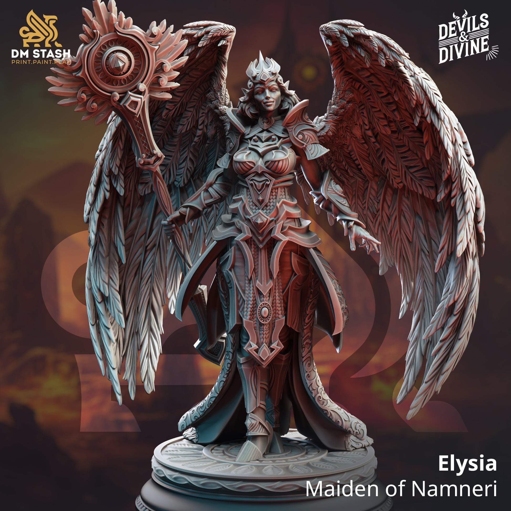 Image shows a 3D render of a winged angelic cleric gaming miniature