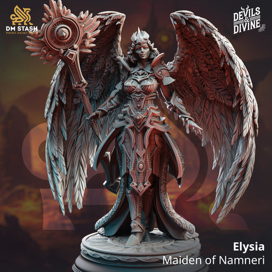 Image shows a 3D render of a winged angelic cleric gaming miniature