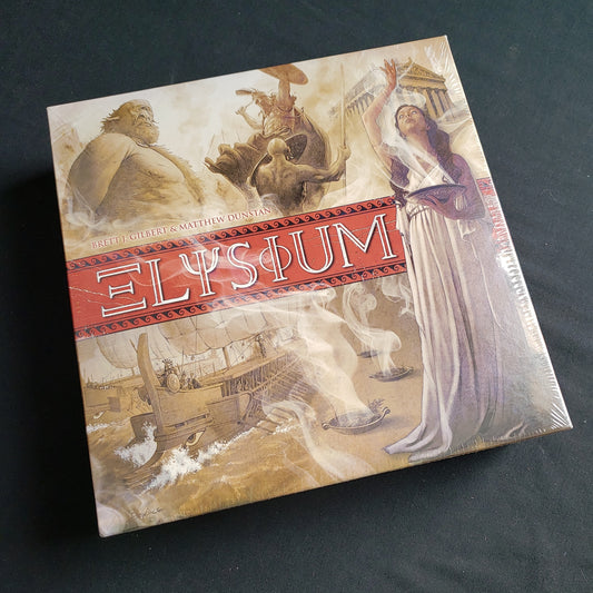Image shows the front cover of the box of the Elysium board game