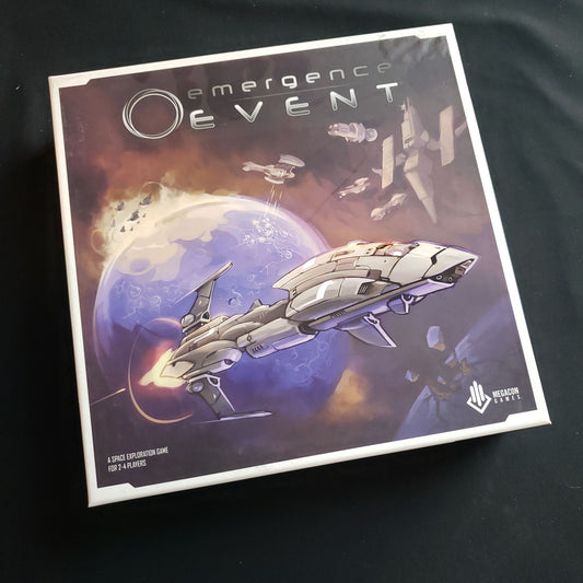 Image shows the front cover of the box of the Emergence Event board game