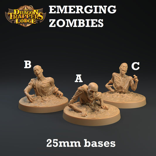 Image shows 3D renders for three different sculpt options of a zombie gaming miniature coming out of the ground