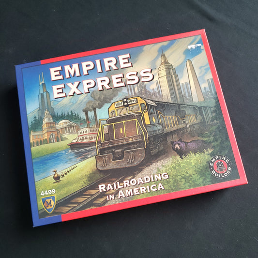 Image shows the front cover of the box of the Empire Express board game