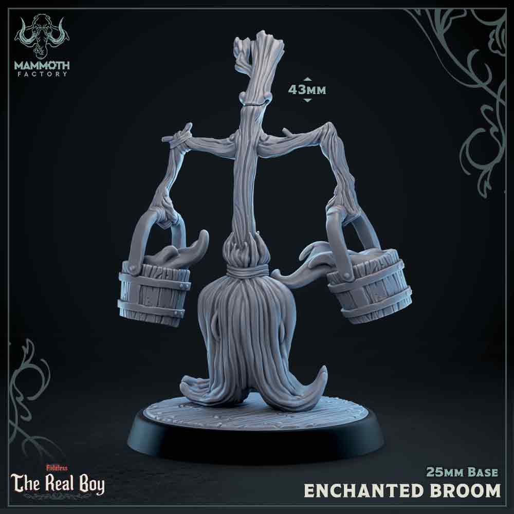 Image shows a 3D render of an enchanted broom gaming miniature