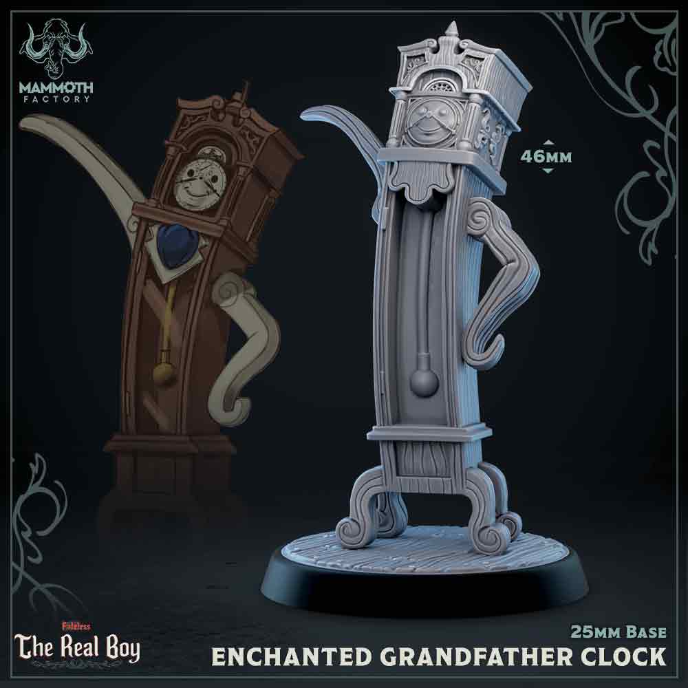 Image shows a 3D render of a living grandfather clock gaming miniature